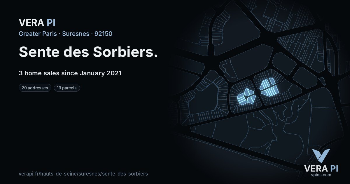 Sente des Sorbiers, Suresnes at night – every parcel coloured by the prices around it, the street's own parcels lit