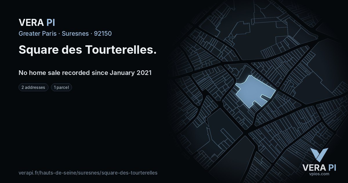 Square des Tourterelles, Suresnes at night – every parcel coloured by the prices around it, the street's own parcels lit