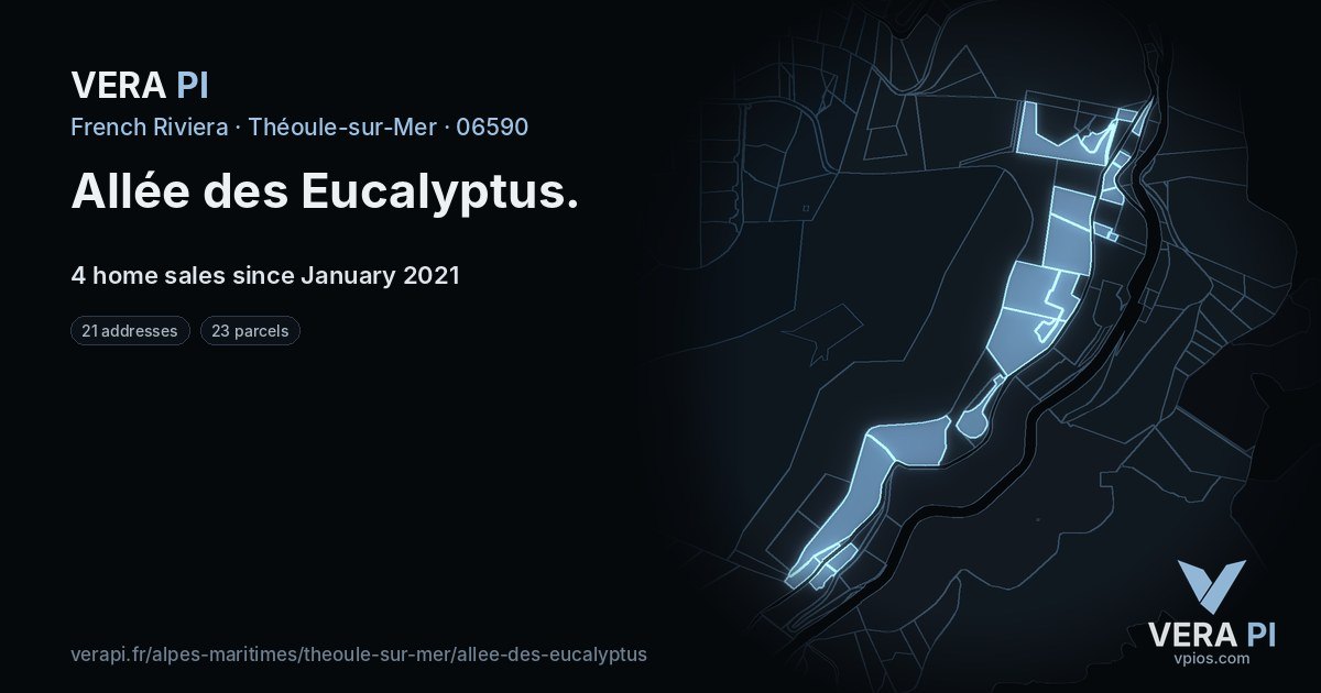 Allée des Eucalyptus, Théoule-sur-Mer at night – every parcel coloured by the prices around it, the street's own parcels lit