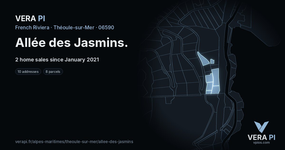 Allée des Jasmins, Théoule-sur-Mer at night – every parcel coloured by the prices around it, the street's own parcels lit