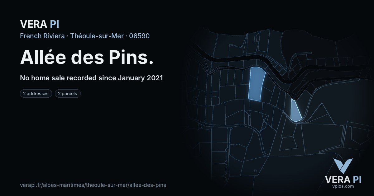 Allée des Pins, Théoule-sur-Mer at night – every parcel coloured by the prices around it, the street's own parcels lit