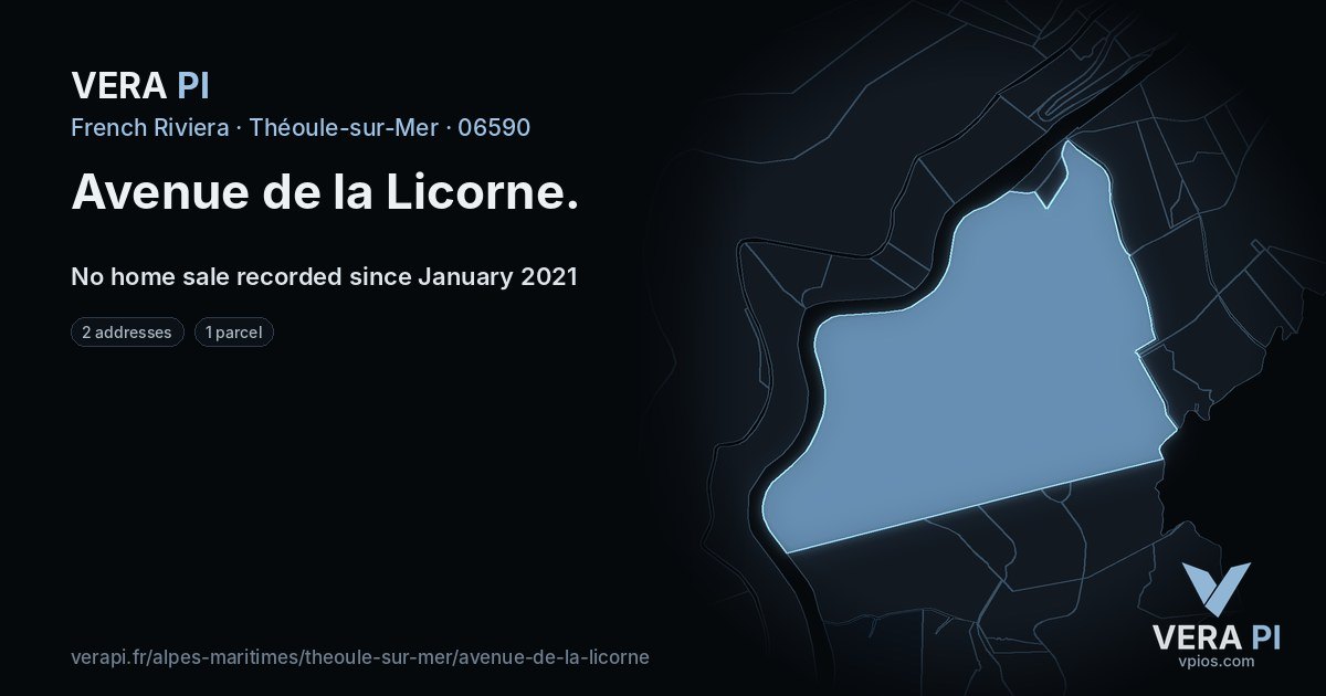 Avenue de la Licorne, Théoule-sur-Mer at night – every parcel coloured by the prices around it, the street's own parcels lit