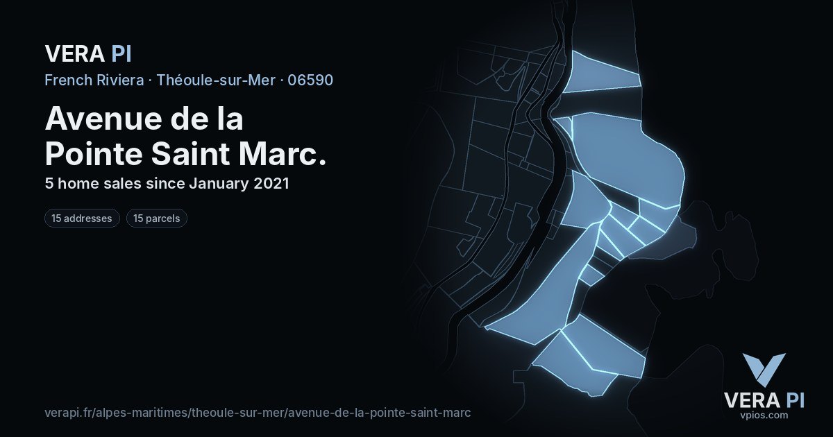 Avenue de la Pointe Saint Marc, Théoule-sur-Mer at night – every parcel coloured by the prices around it, the street's own parcels lit