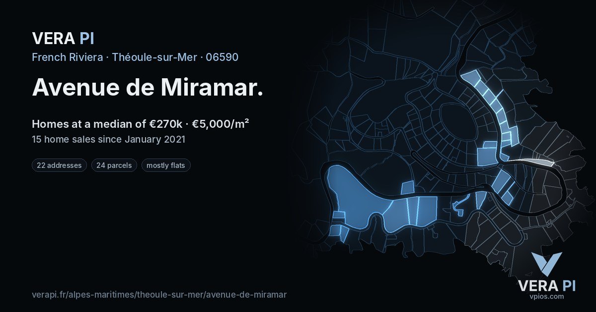Avenue de Miramar, Théoule-sur-Mer at night – every parcel coloured by the prices around it, the street's own parcels lit
