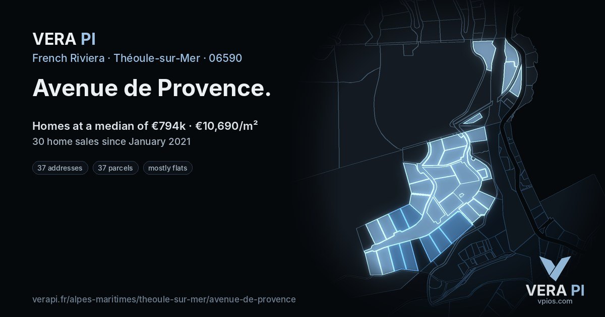 Avenue de Provence, Théoule-sur-Mer at night – every parcel coloured by the prices around it, the street's own parcels lit