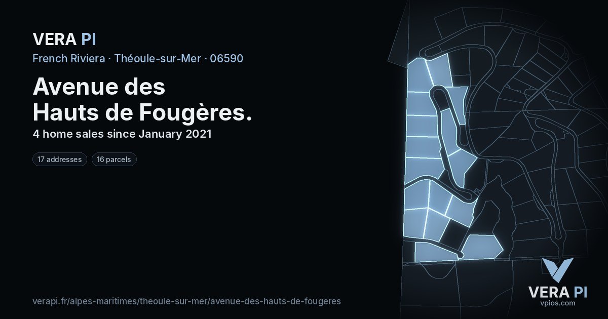 Avenue des Hauts de Fougères, Théoule-sur-Mer at night – every parcel coloured by the prices around it, the street's own parcels lit
