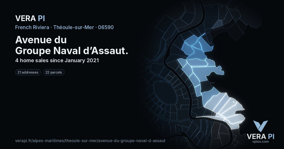 Avenue du Groupe Naval d’Assaut, Théoule-sur-Mer at night – every parcel coloured by the prices around it, the street's own parcels lit
