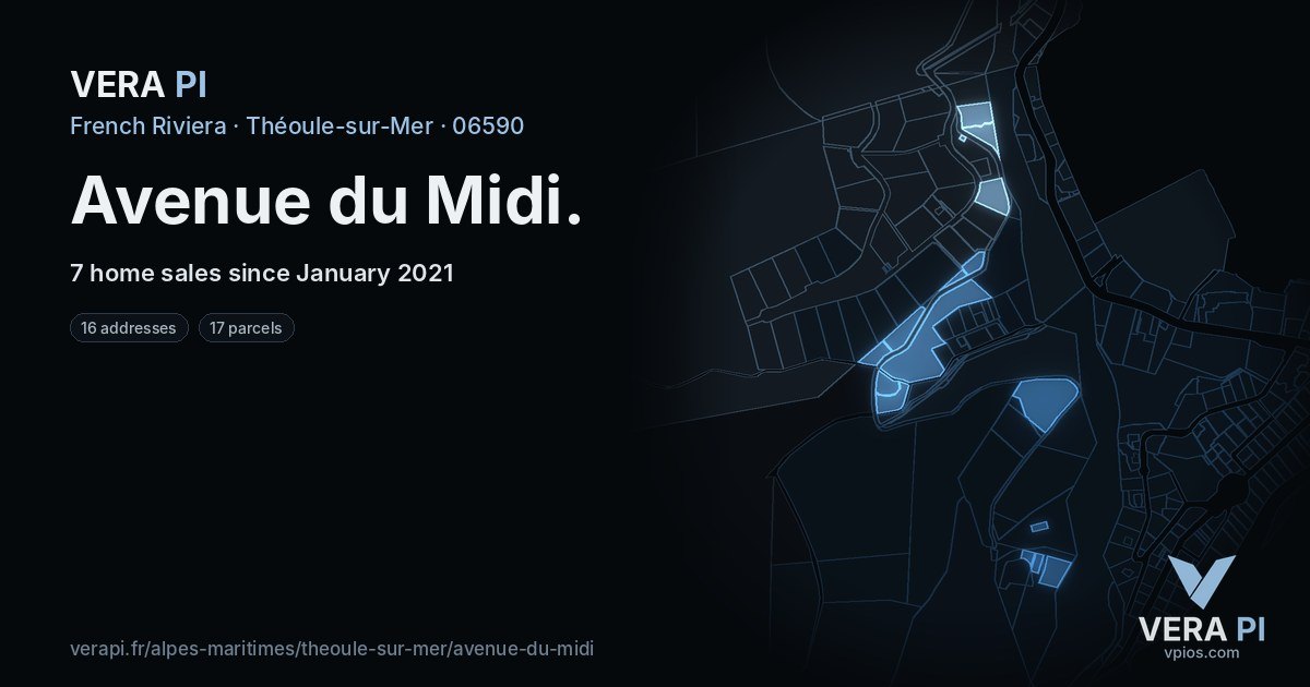 Avenue du Midi, Théoule-sur-Mer at night – every parcel coloured by the prices around it, the street's own parcels lit