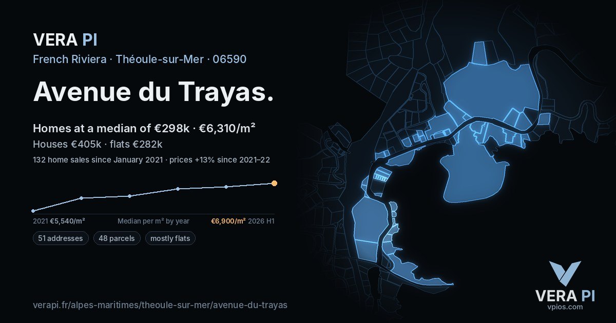 Avenue du Trayas, Théoule-sur-Mer at night – every parcel coloured by the prices around it, the street's own parcels lit