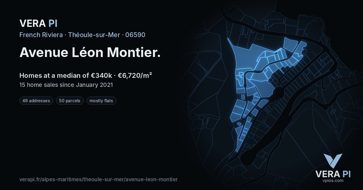 Avenue Léon Montier, Théoule-sur-Mer at night – every parcel coloured by the prices around it, the street's own parcels lit