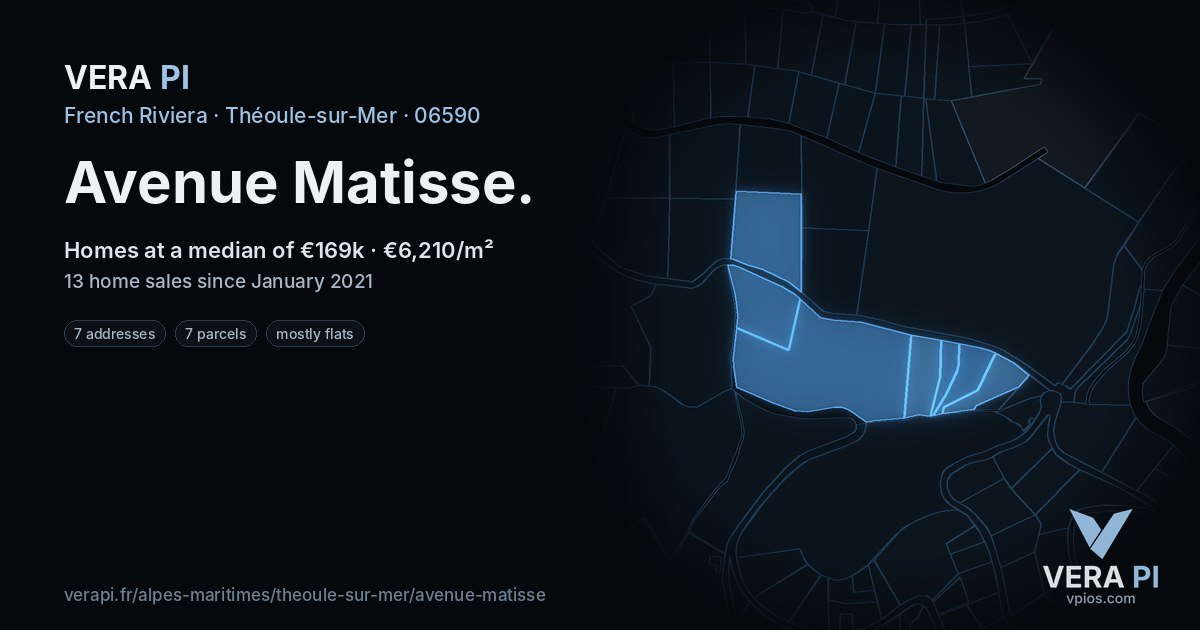 Avenue Matisse, Théoule-sur-Mer at night – every parcel coloured by the prices around it, the street's own parcels lit