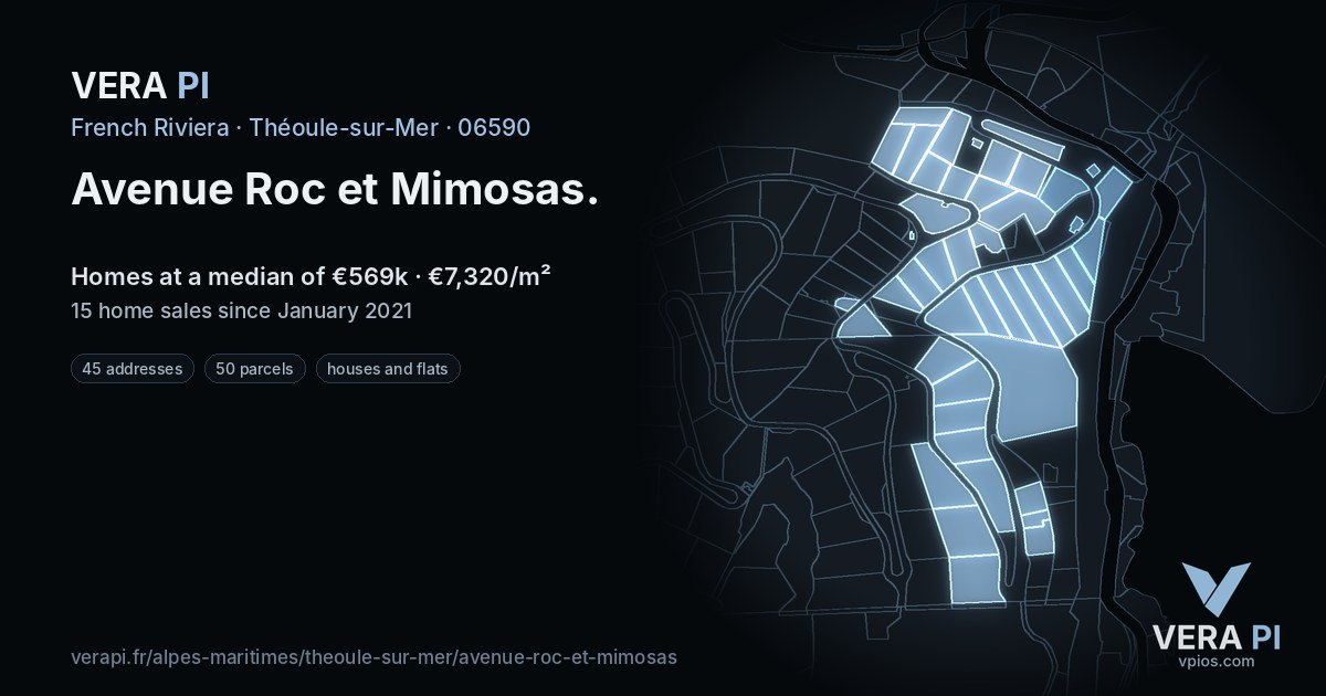 Avenue Roc et Mimosas, Théoule-sur-Mer at night – every parcel coloured by the prices around it, the street's own parcels lit