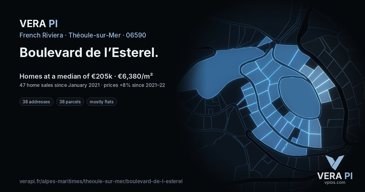 Boulevard de l’Esterel, Théoule-sur-Mer at night – every parcel coloured by the prices around it, the street's own parcels lit