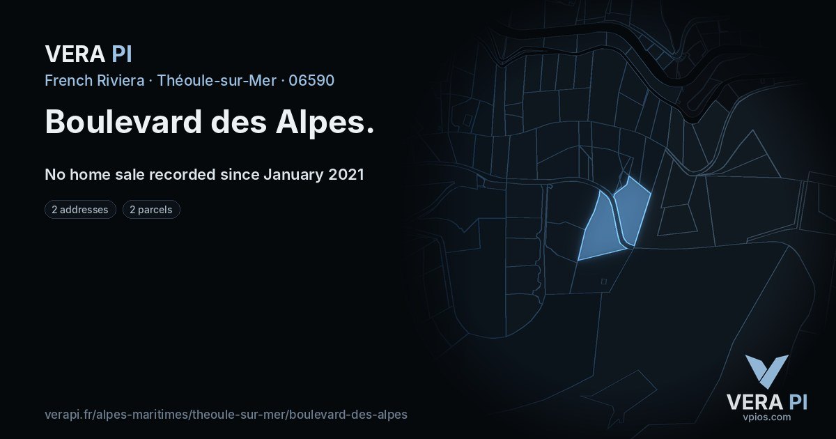 Boulevard des Alpes, Théoule-sur-Mer at night – every parcel coloured by the prices around it, the street's own parcels lit