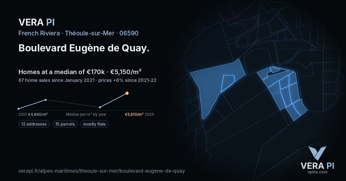 Boulevard Eugène de Quay, Théoule-sur-Mer at night – every parcel coloured by the prices around it, the street's own parcels lit