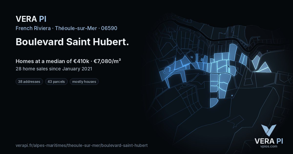 Boulevard Saint Hubert, Théoule-sur-Mer at night – every parcel coloured by the prices around it, the street's own parcels lit