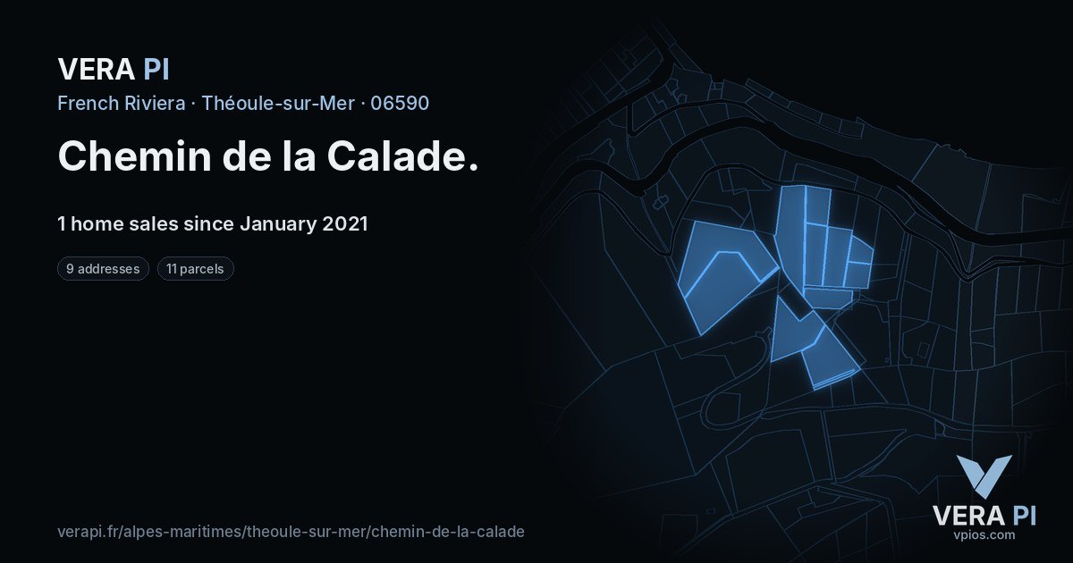 Chemin de la Calade, Théoule-sur-Mer at night – every parcel coloured by the prices around it, the street's own parcels lit