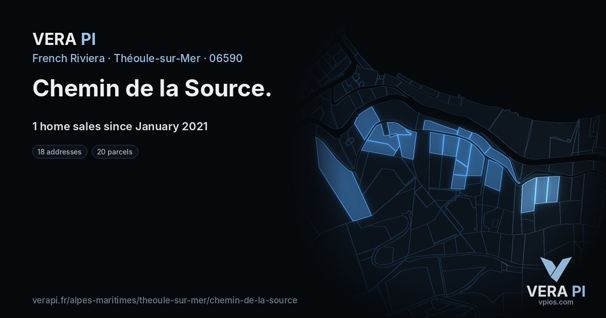 Chemin de la Source, Théoule-sur-Mer at night – every parcel coloured by the prices around it, the street's own parcels lit