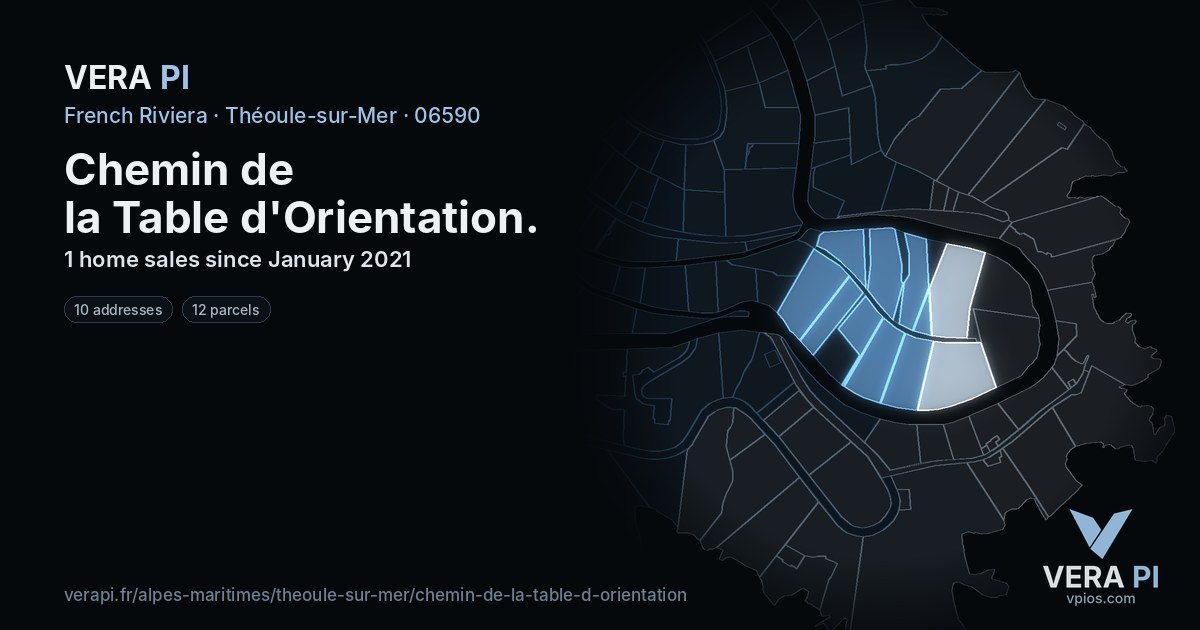 Chemin de la Table d'Orientation, Théoule-sur-Mer at night – every parcel coloured by the prices around it, the street's own parcels lit