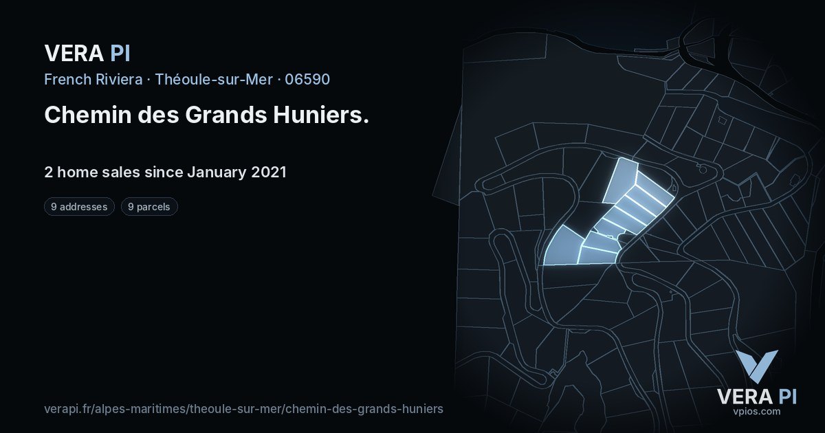 Chemin des Grands Huniers, Théoule-sur-Mer at night – every parcel coloured by the prices around it, the street's own parcels lit
