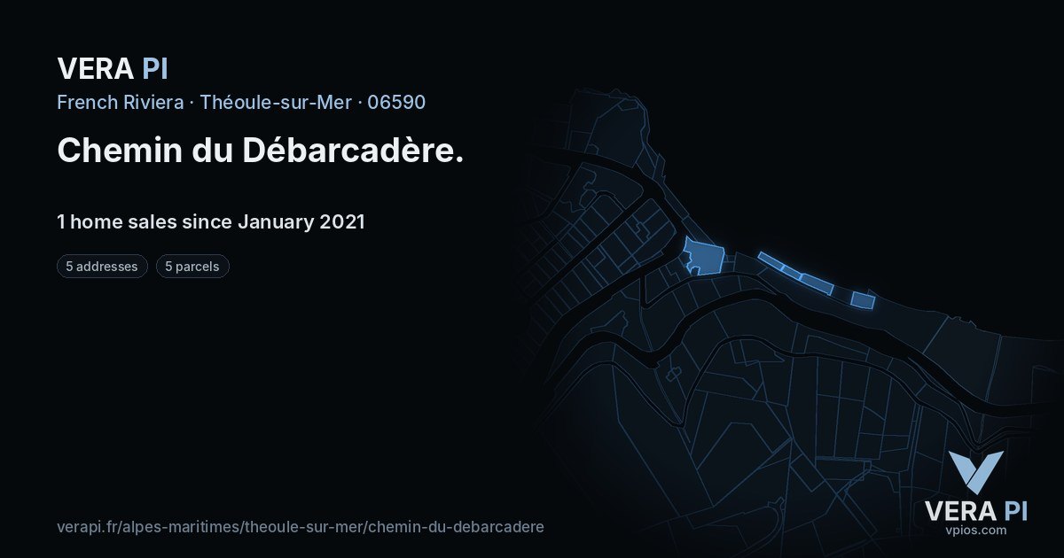 Chemin du Débarcadère, Théoule-sur-Mer at night – every parcel coloured by the prices around it, the street's own parcels lit