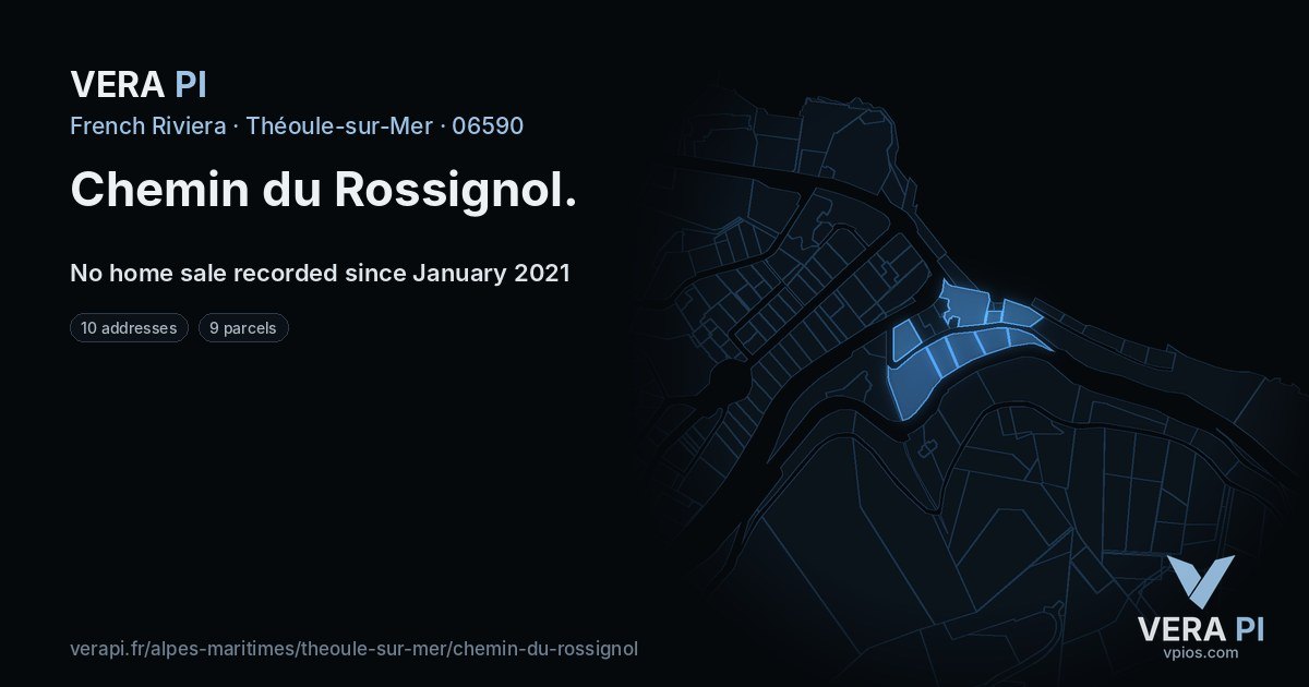 Chemin du Rossignol, Théoule-sur-Mer at night – every parcel coloured by the prices around it, the street's own parcels lit