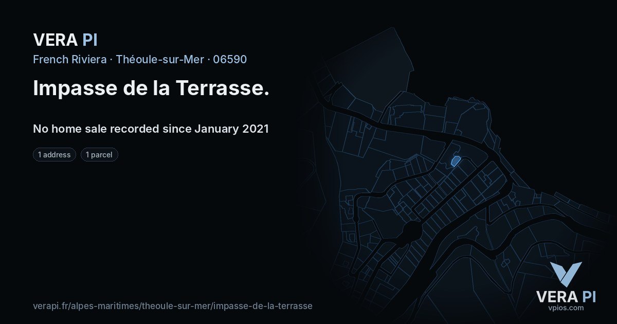 Impasse de la Terrasse, Théoule-sur-Mer at night – every parcel coloured by the prices around it, the street's own parcels lit