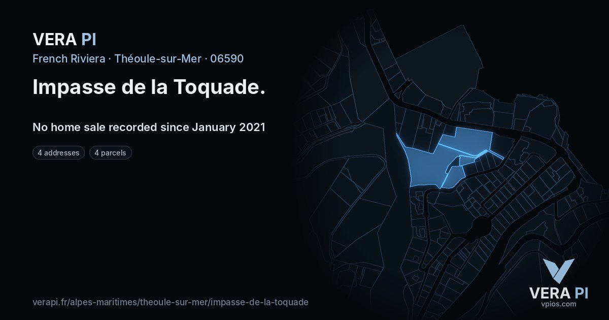 Impasse de la Toquade, Théoule-sur-Mer at night – every parcel coloured by the prices around it, the street's own parcels lit