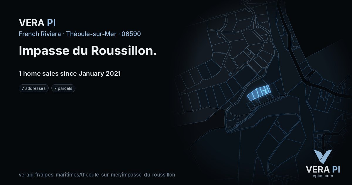 Impasse du Roussillon, Théoule-sur-Mer at night – every parcel coloured by the prices around it, the street's own parcels lit
