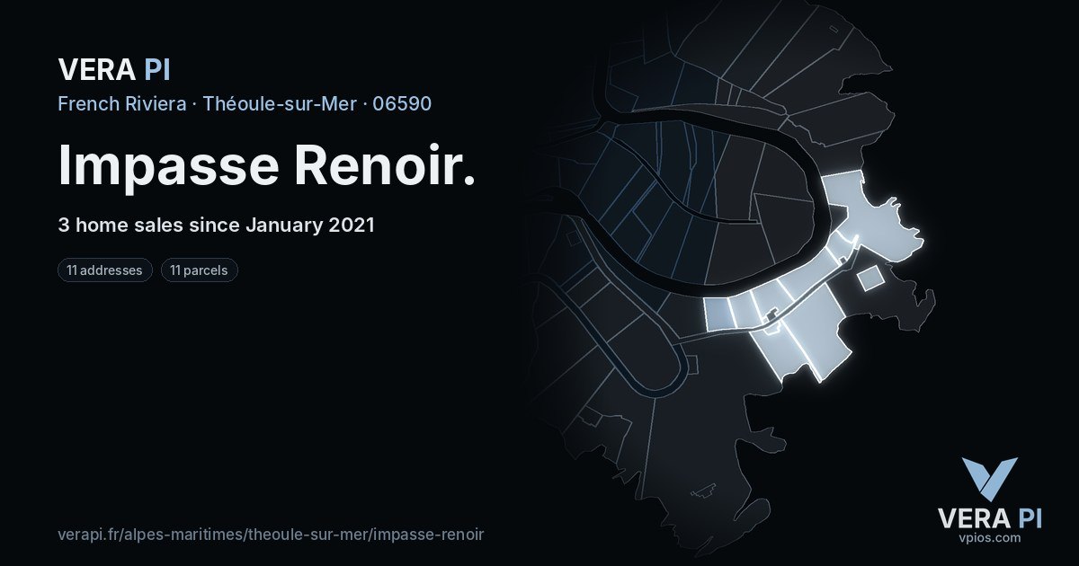 Impasse Renoir, Théoule-sur-Mer at night – every parcel coloured by the prices around it, the street's own parcels lit