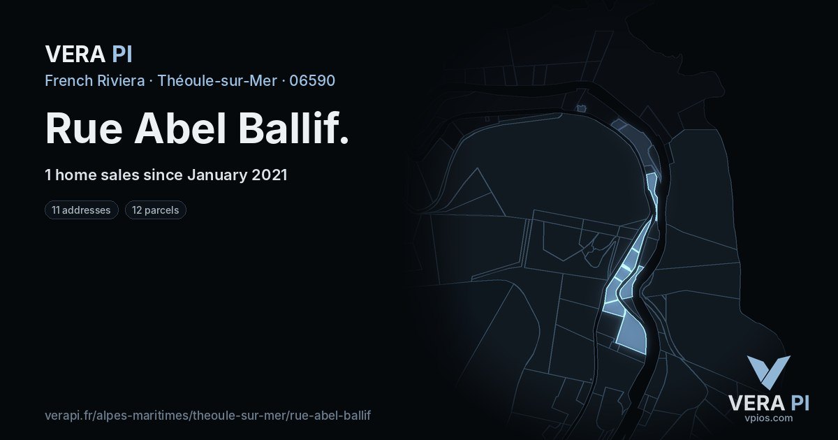 Rue Abel Ballif, Théoule-sur-Mer at night – every parcel coloured by the prices around it, the street's own parcels lit