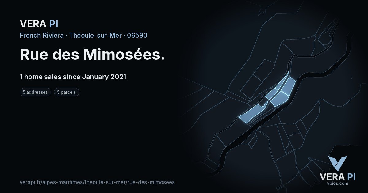 Rue des Mimosées, Théoule-sur-Mer at night – every parcel coloured by the prices around it, the street's own parcels lit