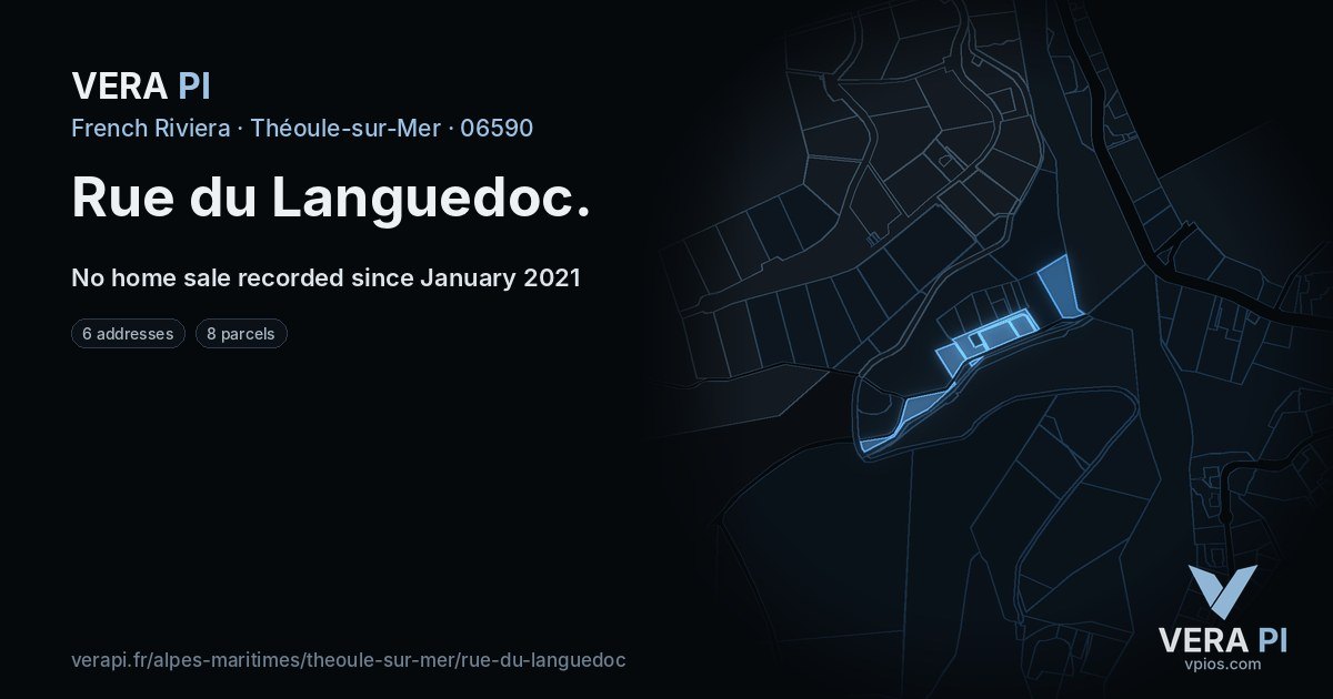 Rue du Languedoc, Théoule-sur-Mer at night – every parcel coloured by the prices around it, the street's own parcels lit