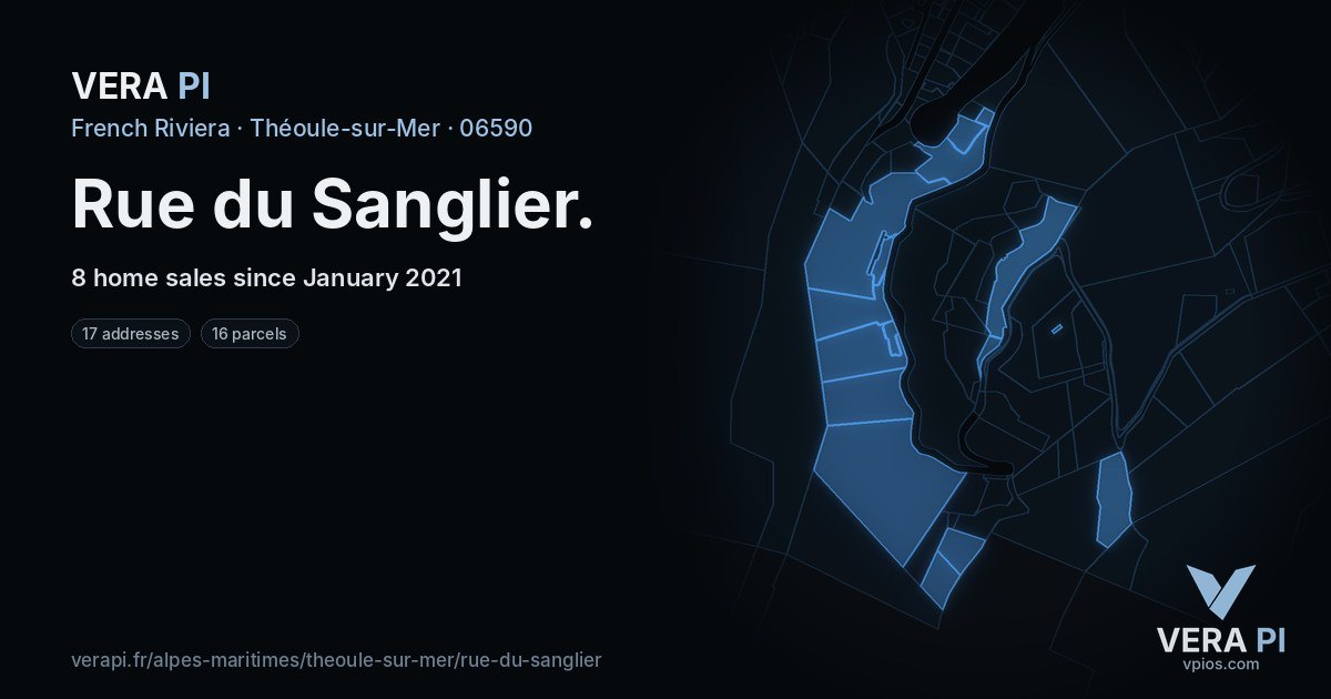 Rue du Sanglier, Théoule-sur-Mer at night – every parcel coloured by the prices around it, the street's own parcels lit