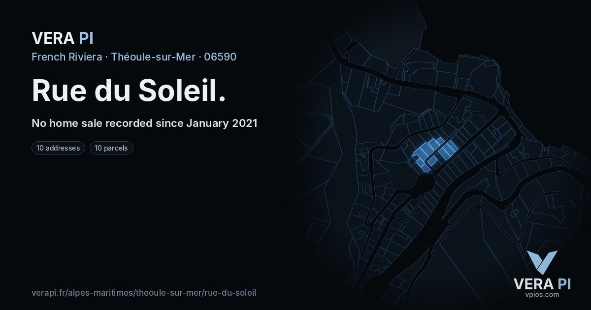 Rue du Soleil, Théoule-sur-Mer at night – every parcel coloured by the prices around it, the street's own parcels lit