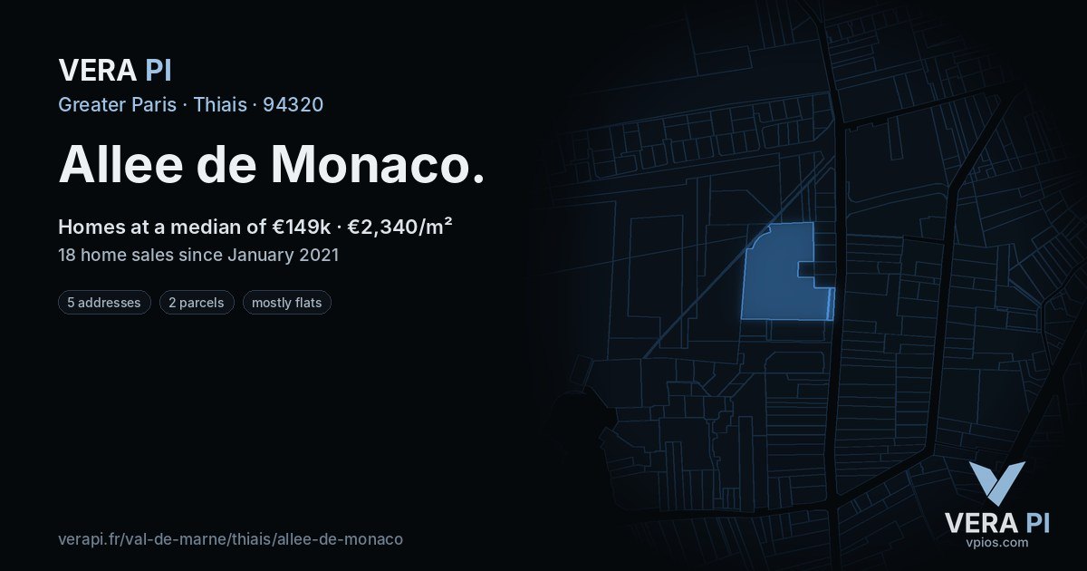 Allee de Monaco, Thiais at night – every parcel coloured by the prices around it, the street's own parcels lit