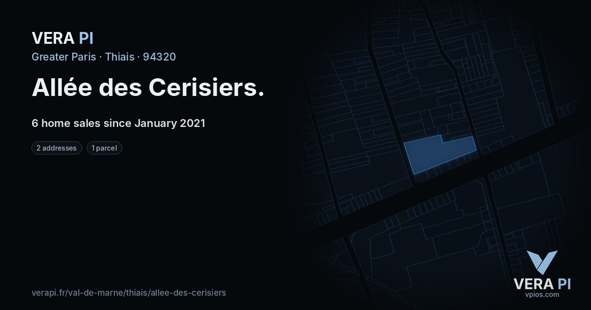 Allée des Cerisiers, Thiais at night – every parcel coloured by the prices around it, the street's own parcels lit