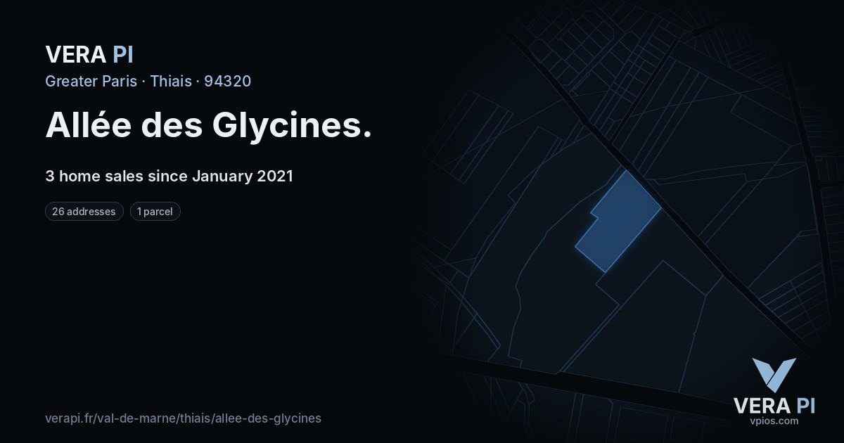 Allée des Glycines, Thiais at night – every parcel coloured by the prices around it, the street's own parcels lit