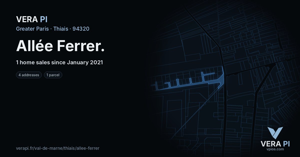 Allée Ferrer, Thiais at night – every parcel coloured by the prices around it, the street's own parcels lit