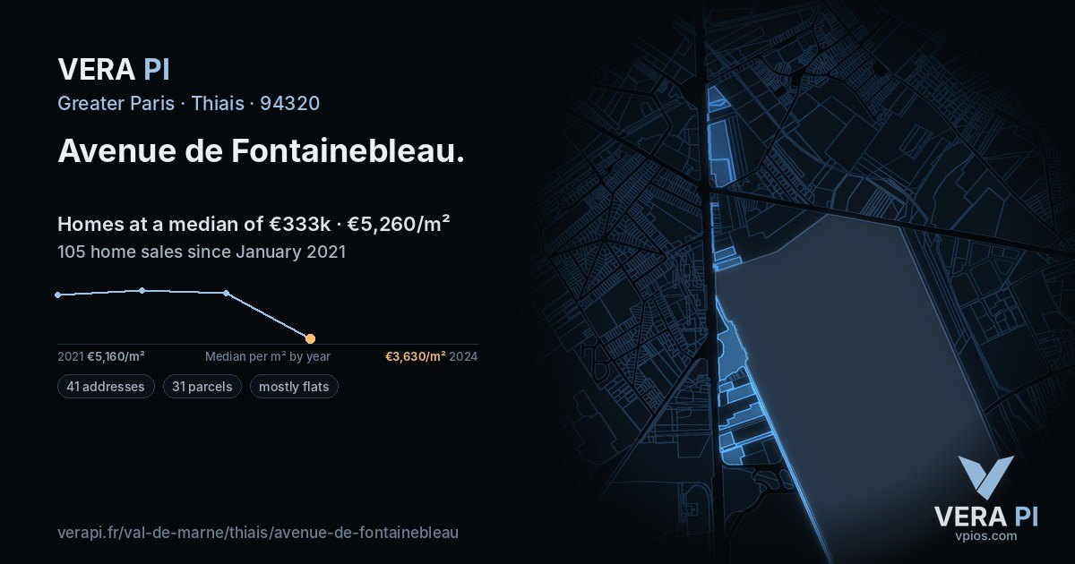 Avenue de Fontainebleau, Thiais at night – every parcel coloured by the prices around it, the street's own parcels lit