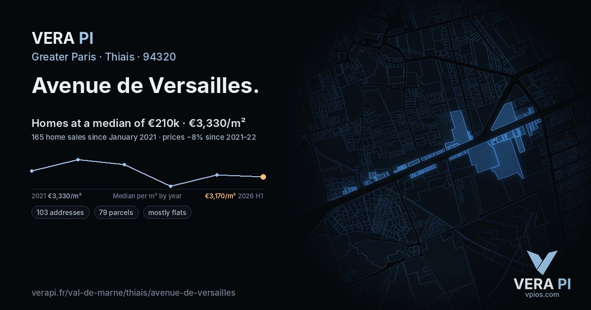 Avenue de Versailles, Thiais at night – every parcel coloured by the prices around it, the street's own parcels lit