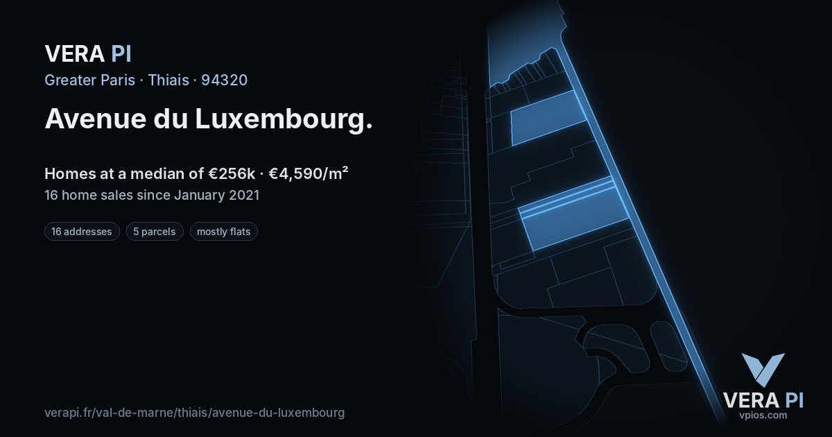 Avenue du Luxembourg, Thiais at night – every parcel coloured by the prices around it, the street's own parcels lit