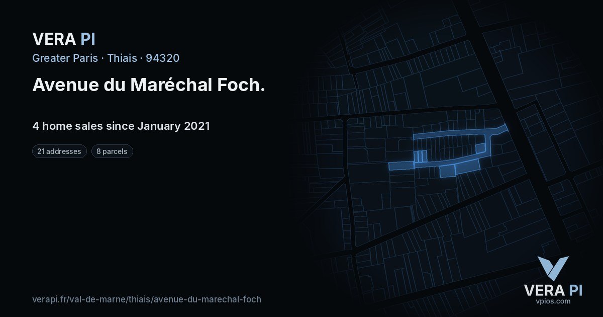Avenue du Maréchal Foch, Thiais at night – every parcel coloured by the prices around it, the street's own parcels lit