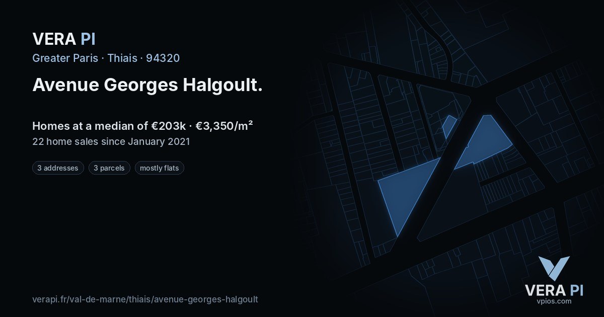 Avenue Georges Halgoult, Thiais at night – every parcel coloured by the prices around it, the street's own parcels lit