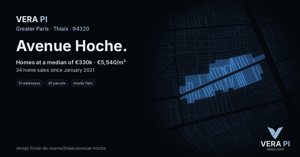 Avenue Hoche, Thiais at night – every parcel coloured by the prices around it, the street's own parcels lit