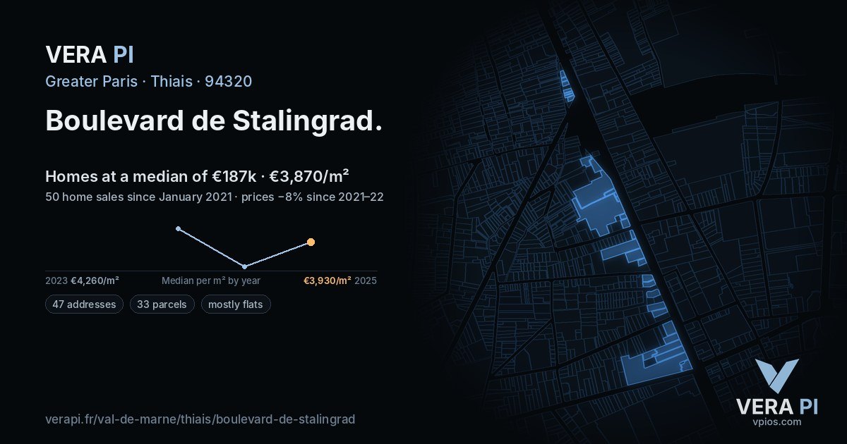 Boulevard de Stalingrad, Thiais at night – every parcel coloured by the prices around it, the street's own parcels lit