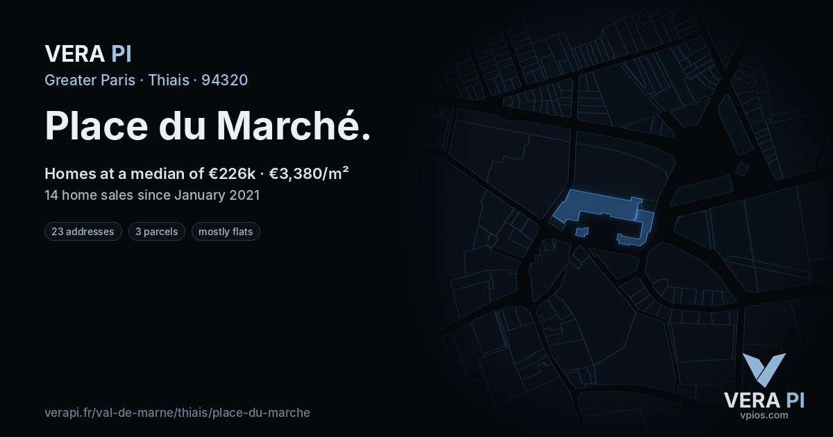 Place du Marché, Thiais at night – every parcel coloured by the prices around it, the street's own parcels lit