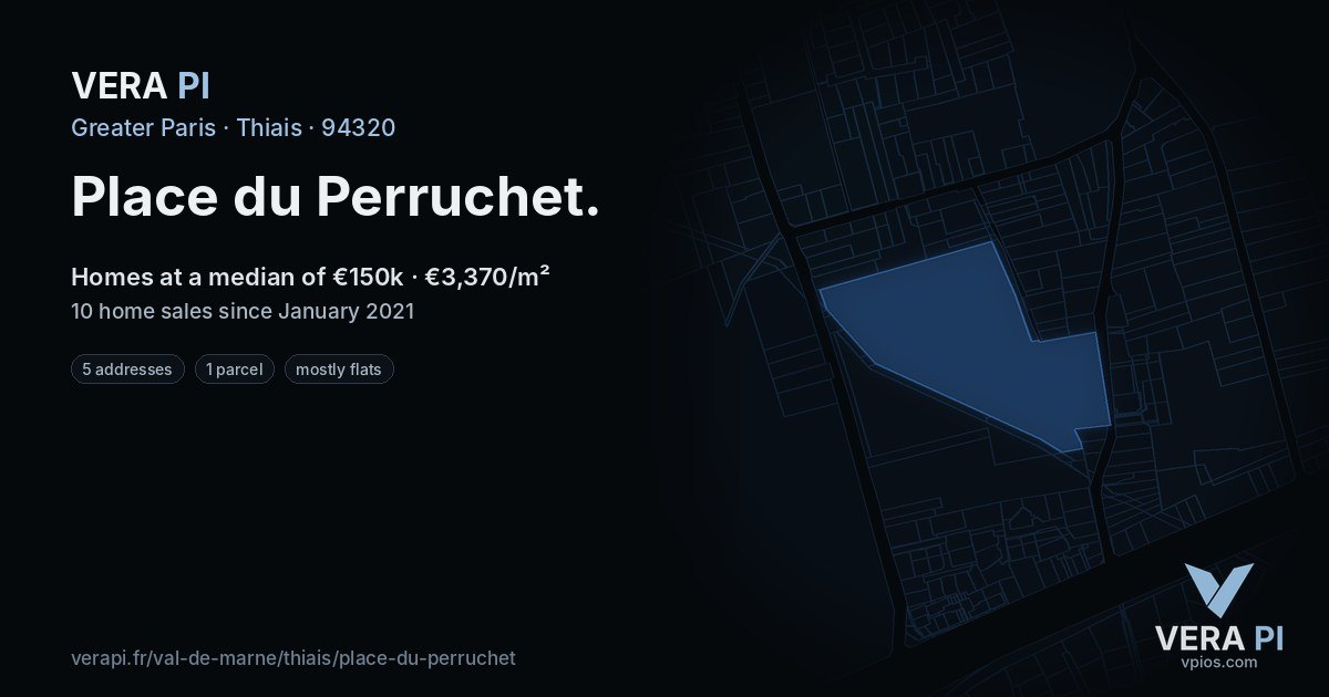 Place du Perruchet, Thiais at night – every parcel coloured by the prices around it, the street's own parcels lit