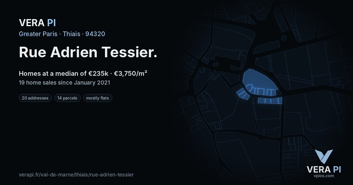 Rue Adrien Tessier, Thiais at night – every parcel coloured by the prices around it, the street's own parcels lit