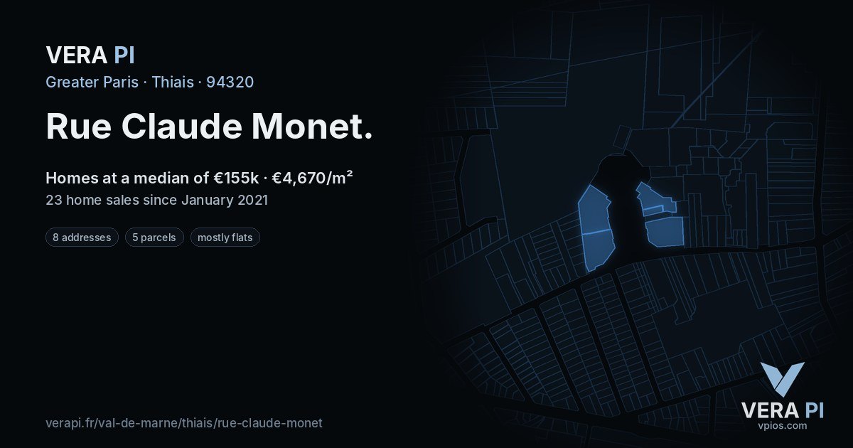 Rue Claude Monet, Thiais at night – every parcel coloured by the prices around it, the street's own parcels lit